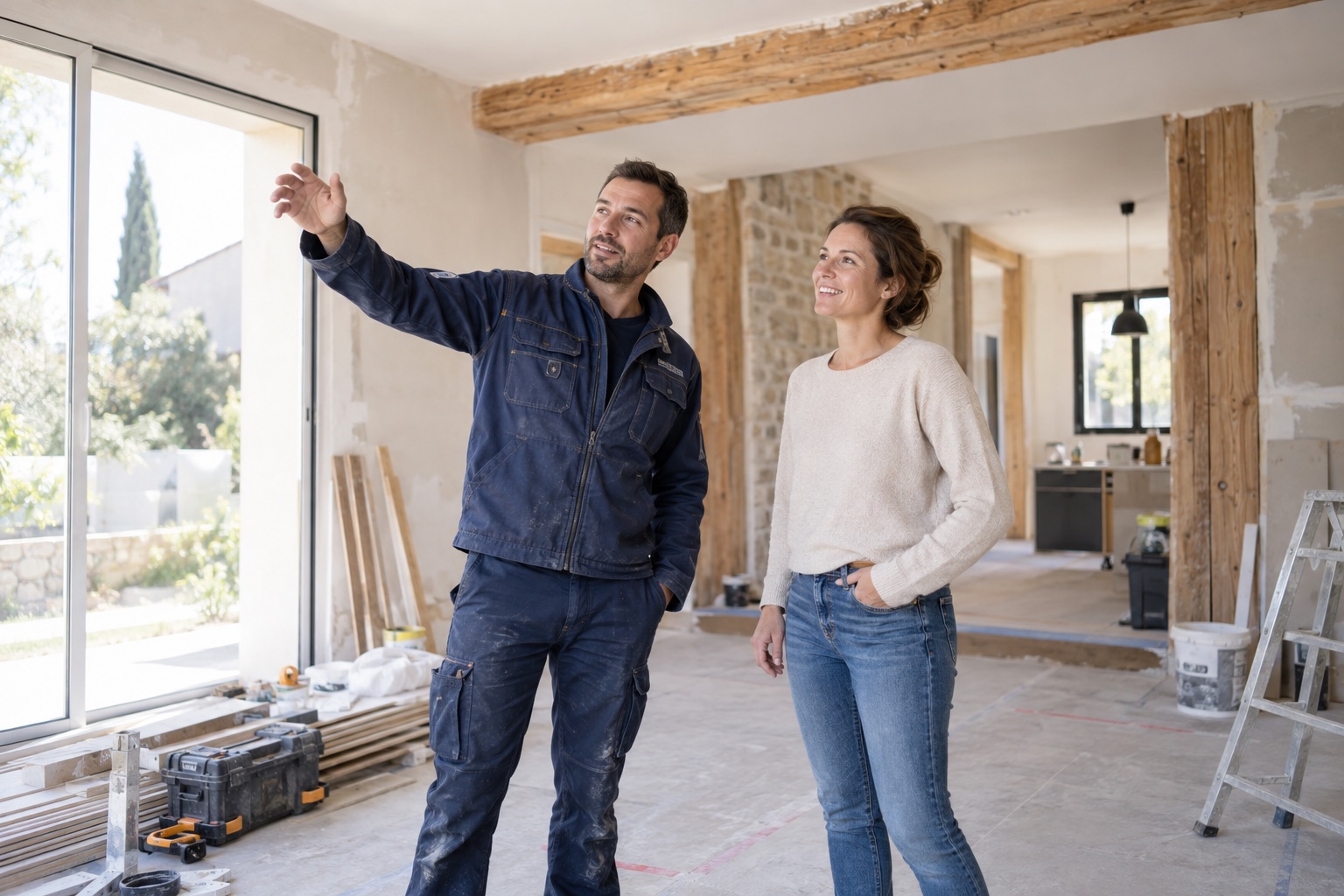 Un artisan du bâtiment échange avec son client sur un chantier de rénovation