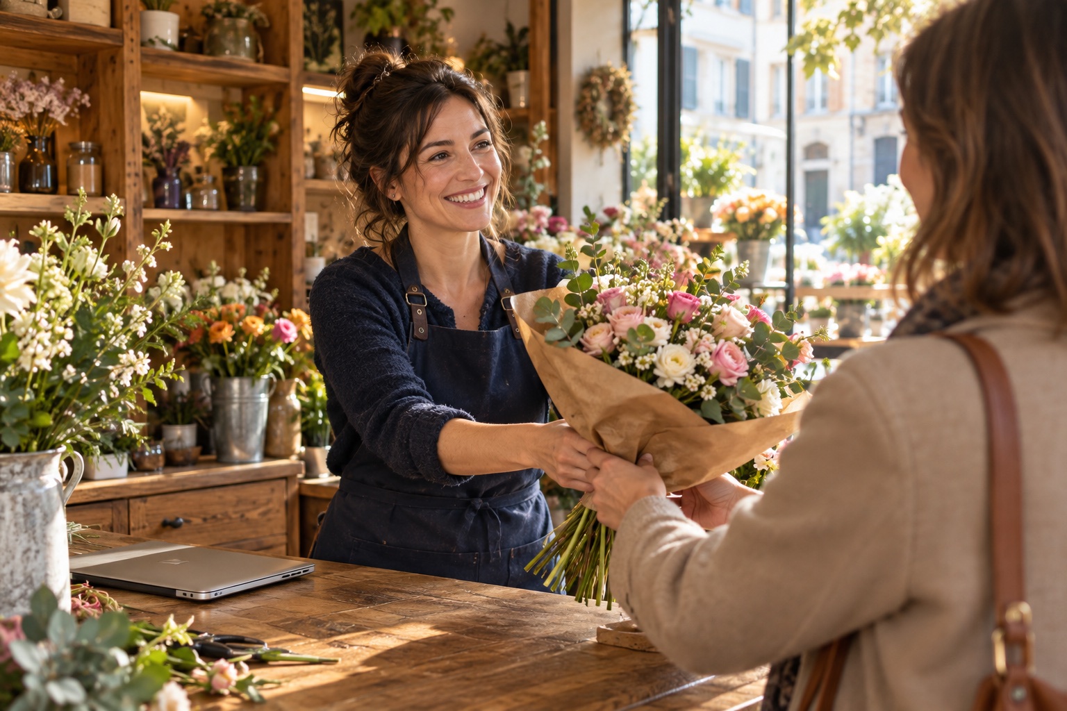 Une fleuriste prend le temps de servir sa cliente dans sa boutique
