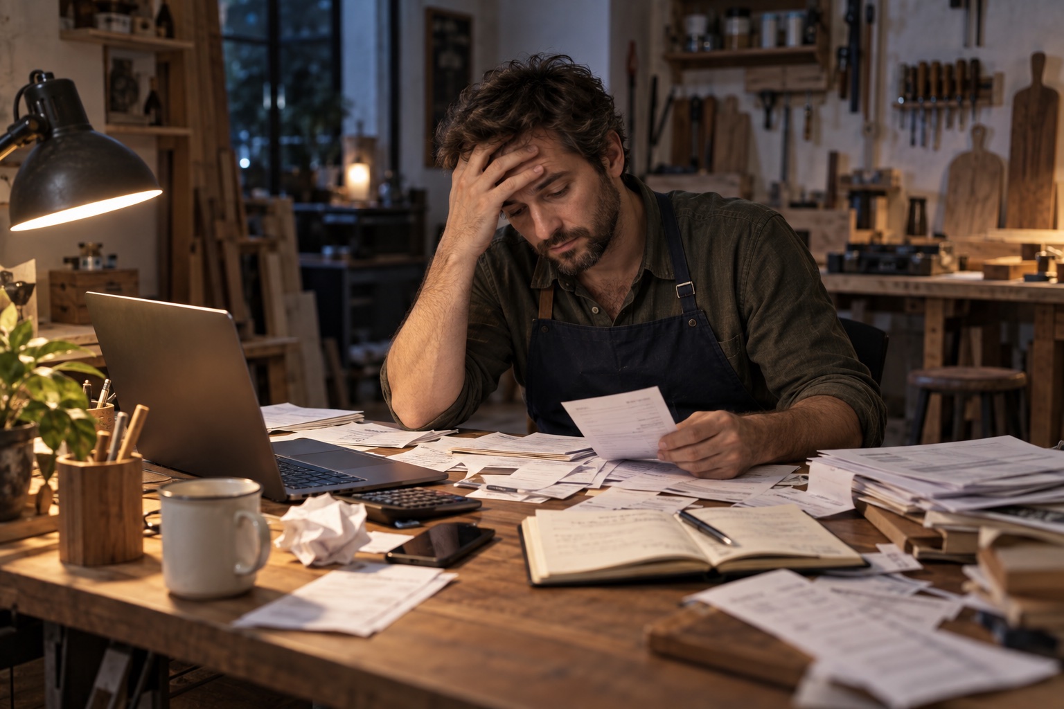 Un artisan devant une pile de factures et de notes après sa journée de travail